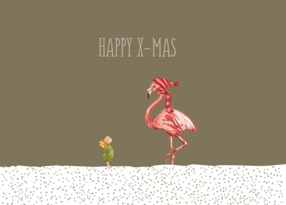 Postkarte -  Happy-X-Mas. Christkind und Flamingo.